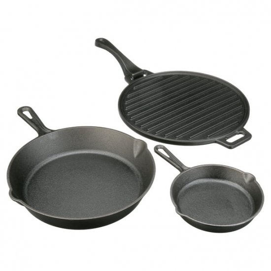 Ozark Trail 4-piece Cast Iron Skillet Set with Handles and Griddle, Pre-seasoned, 6\", 10.5\", 11\"